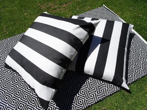 Monte Carlo 85cm x 85cm Black and White Stripe Sunbrella Outdoor Floor Cushions from Outdoor Interiors Australia